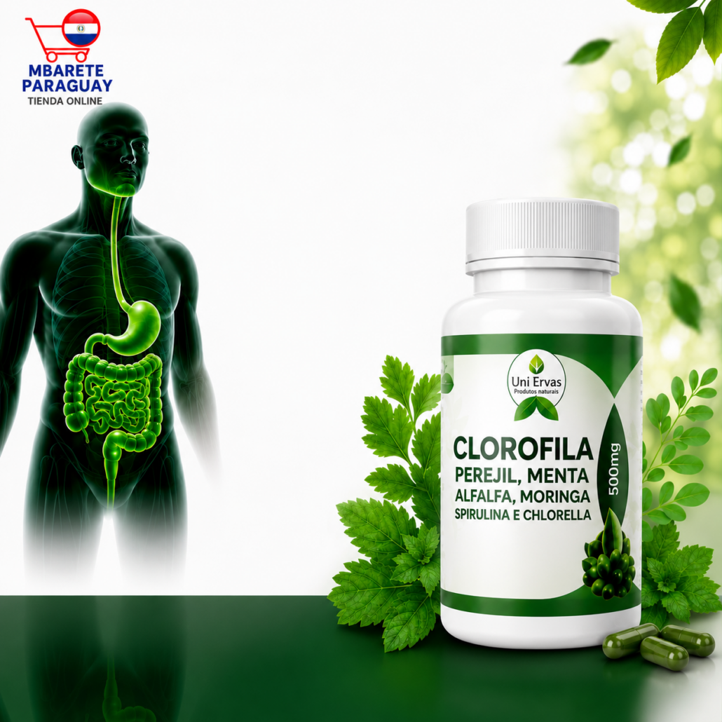 Frasco de Clorofila 500 mg Uni Ervas con ingredientes naturales como perejil, menta, moringa, alfalfa, espirulina y chlorella, suplemento para ayudar a reducir el mal olor corporal desde el interior.